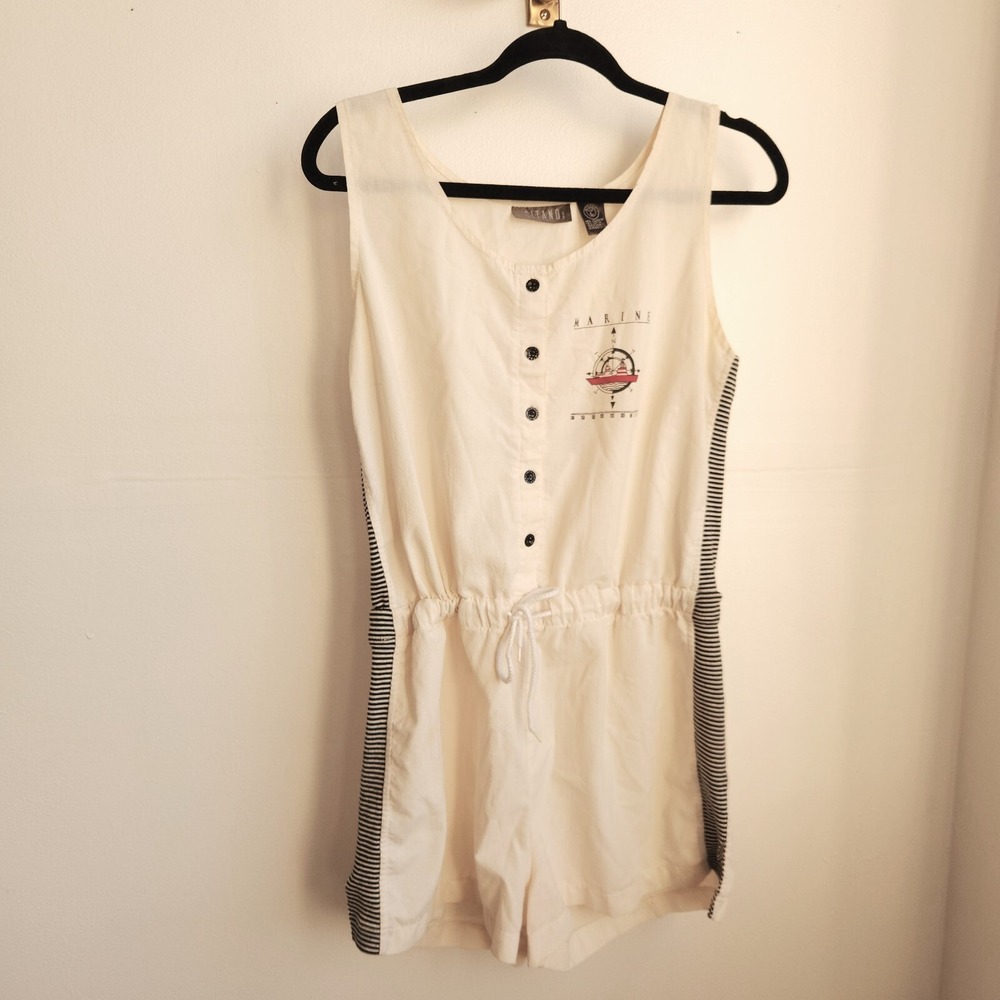 Vintage Gitano Romper L Nautical Marine Ship Compass 80s Cream Striped Retro 90s